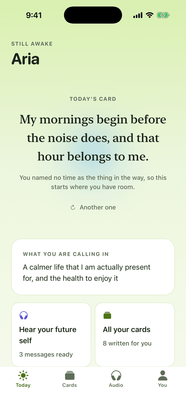 Luma's Today screen showing an affirmation written for the user
