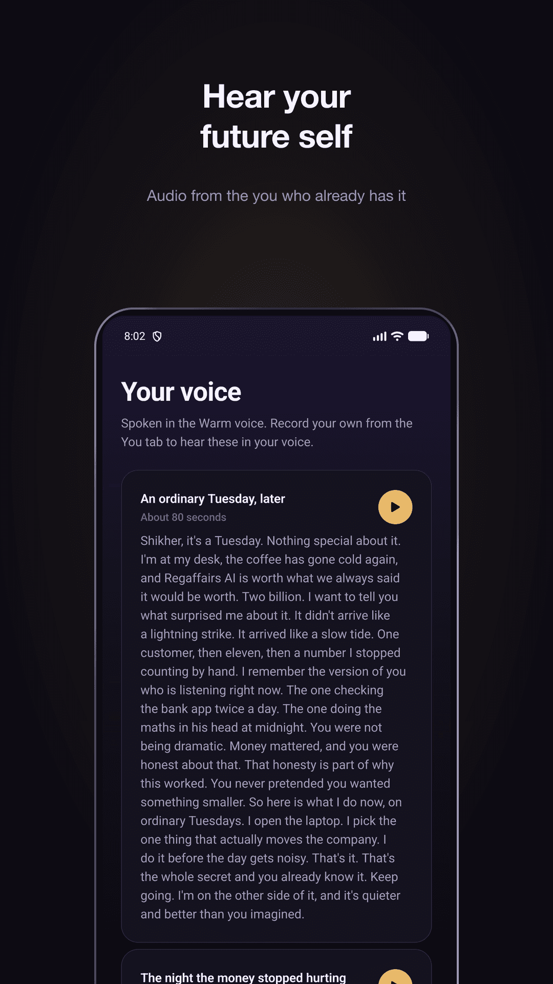 Luma's Audio screen showing a message from the user's future self